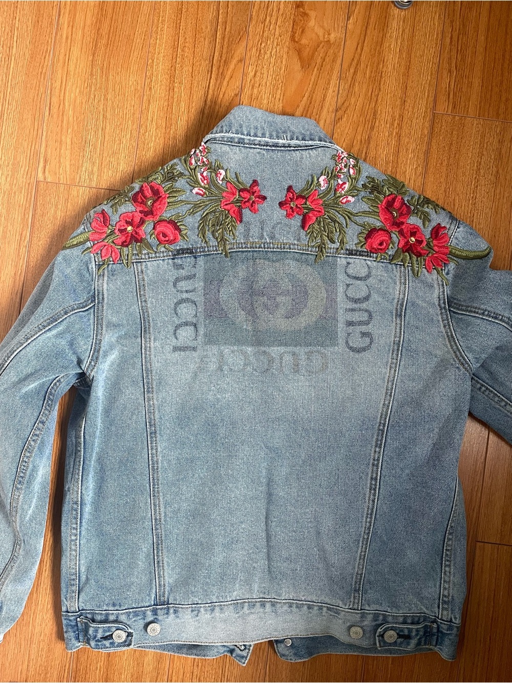Gucci Light Blue Denim Jacket with Red Floral Embroidery